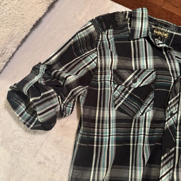 Helix Plaid Button Up Shirt Mens size L Western Athletic Fit Black long Sleeve - Picture 8 of 8